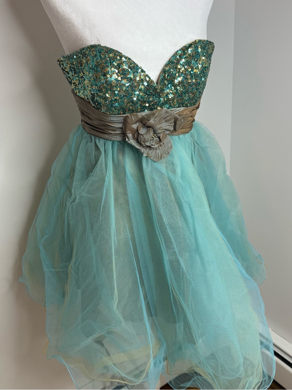Girls Teal Sequin Tulle Party Dress with Gold Sash